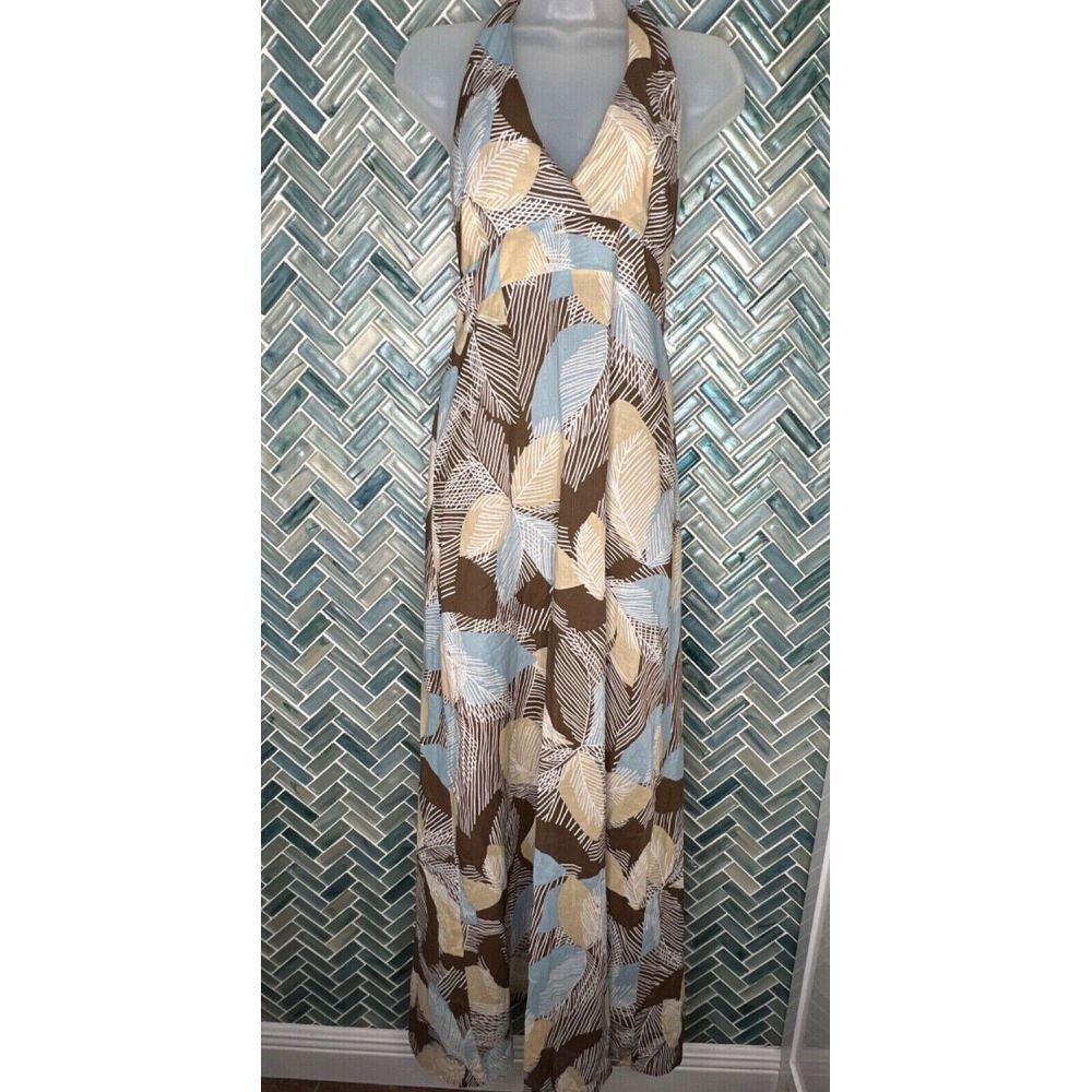 BCBGMAXAZRIA SMALL WOMENS 100% COTTON‎ PALM LEAF PRINT HALTER MAXI DRESS LINED